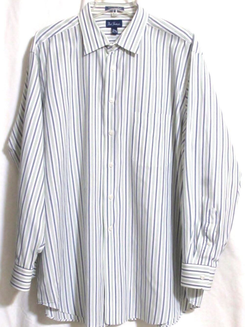 NEW Men's PAUL FREDRICK Blue & Green Striped Cotton Dress Shirt 17 1/2-35 XL